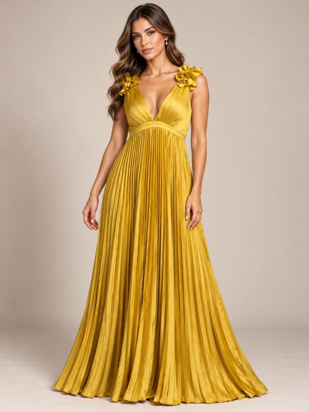Mustard Yellow Satin Deep V-Neck Ruffle Pleated Maxi Dress